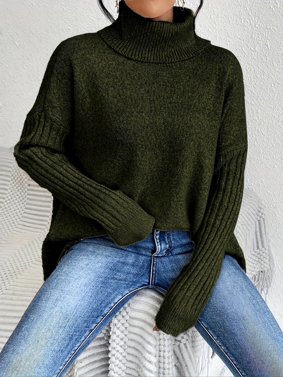 Women's Oversized Turtleneck Knit Sweater | Angled Asymmetric Hem, Ribbed Cuffs, Relaxed Slouchy Fit | 5 Colors