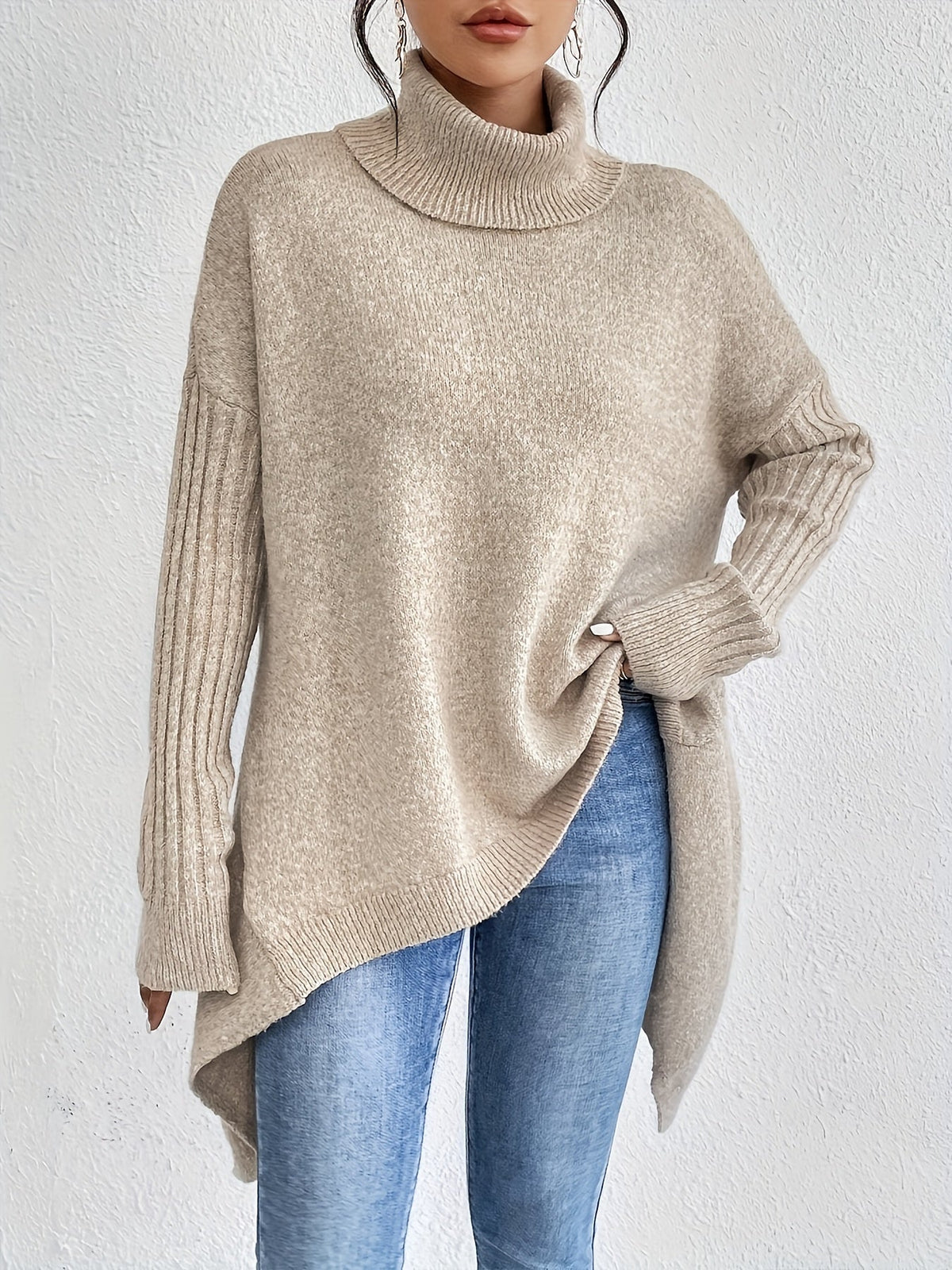 Women's Oversized Turtleneck Knit Sweater | Angled Asymmetric Hem, Ribbed Cuffs, Relaxed Slouchy Fit | 5 Colors