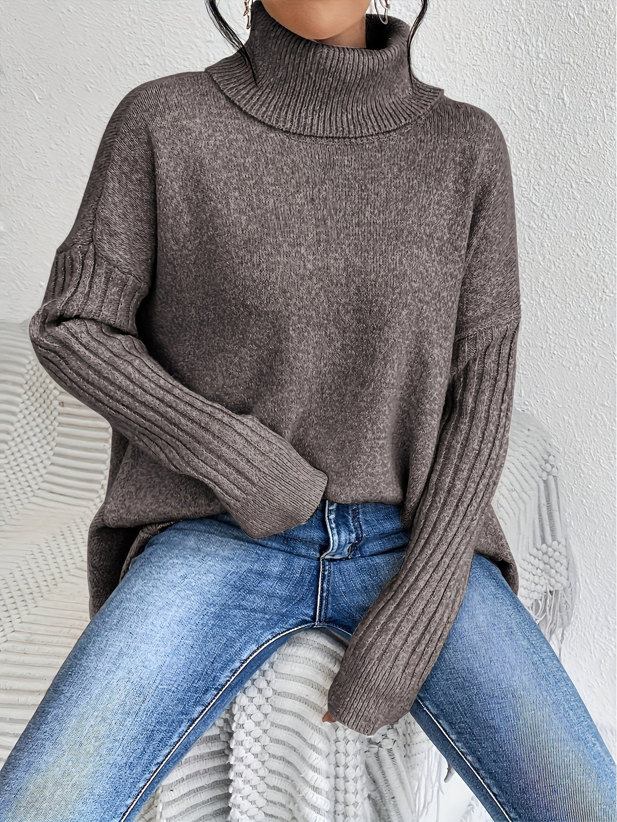 Women's Oversized Turtleneck Knit Sweater | Angled Asymmetric Hem, Ribbed Cuffs, Relaxed Slouchy Fit | 5 Colors