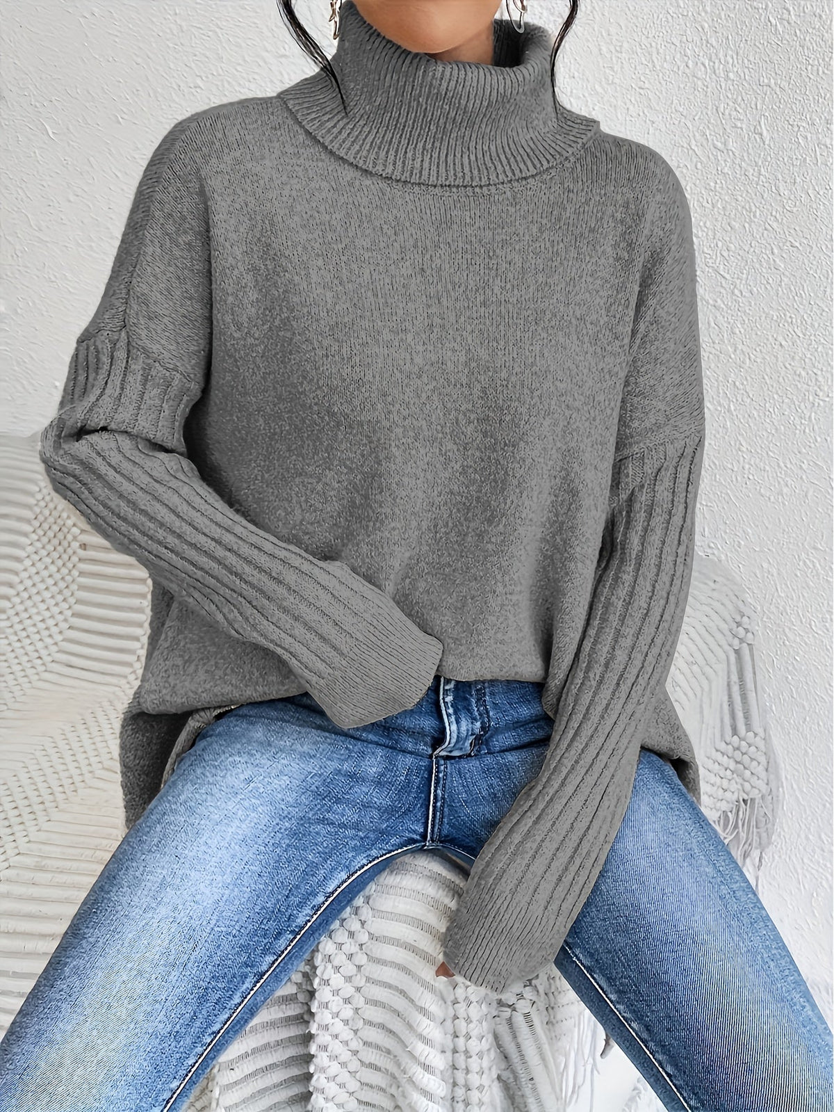 Women's Oversized Turtleneck Knit Sweater | Angled Asymmetric Hem, Ribbed Cuffs, Relaxed Slouchy Fit | 5 Colors