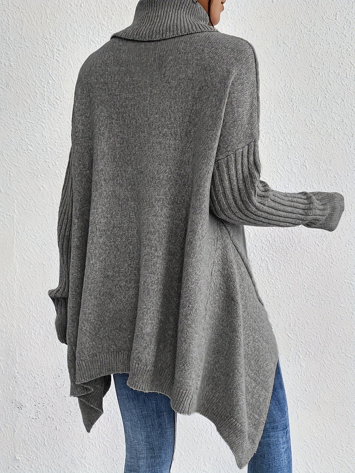 Women's Oversized Turtleneck Knit Sweater | Angled Asymmetric Hem, Ribbed Cuffs, Relaxed Slouchy Fit | 5 Colors