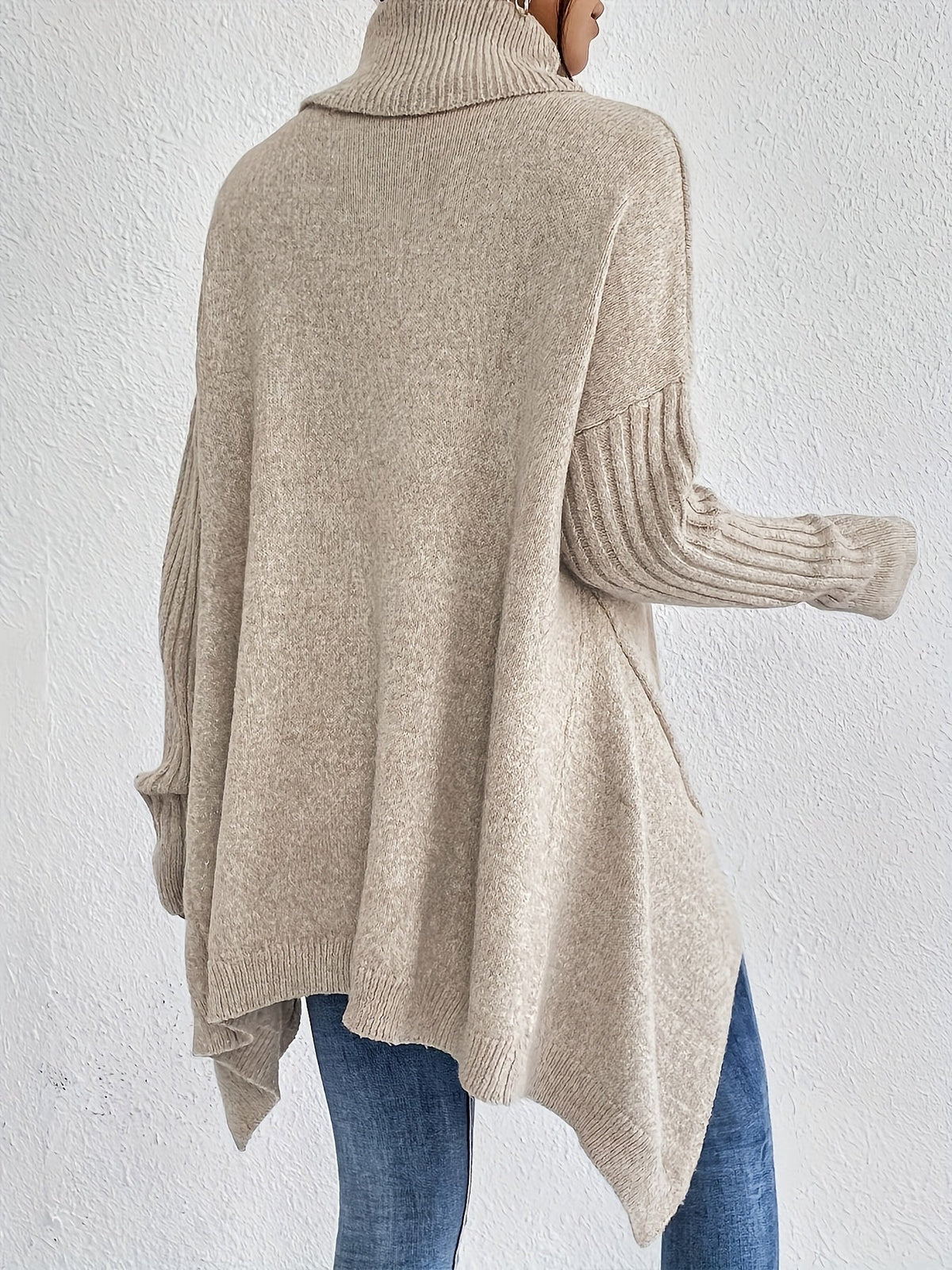 Women's Oversized Turtleneck Knit Sweater | Angled Asymmetric Hem, Ribbed Cuffs, Relaxed Slouchy Fit | 5 Colors