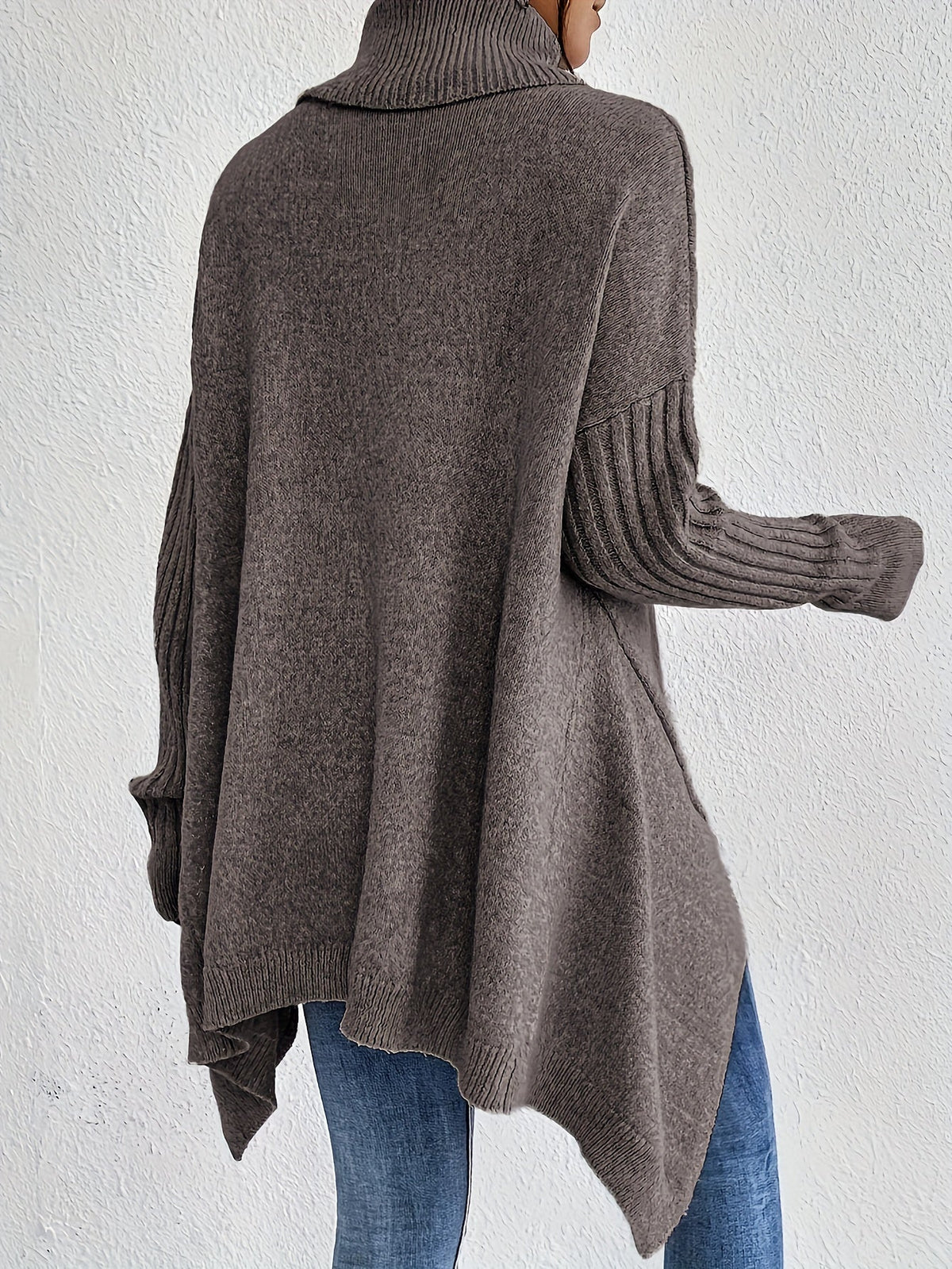 Women's Oversized Turtleneck Knit Sweater | Angled Asymmetric Hem, Ribbed Cuffs, Relaxed Slouchy Fit | 5 Colors