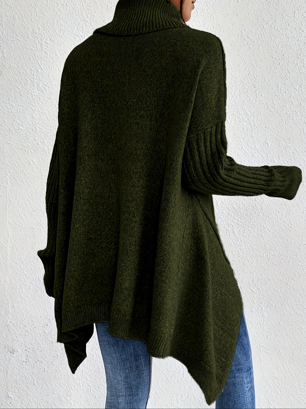 Women's Oversized Turtleneck Knit Sweater | Angled Asymmetric Hem, Ribbed Cuffs, Relaxed Slouchy Fit | 5 Colors
