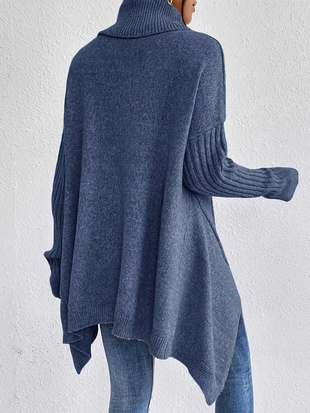 Women's Oversized Turtleneck Knit Sweater | Angled Asymmetric Hem, Ribbed Cuffs, Relaxed Slouchy Fit | 5 Colors