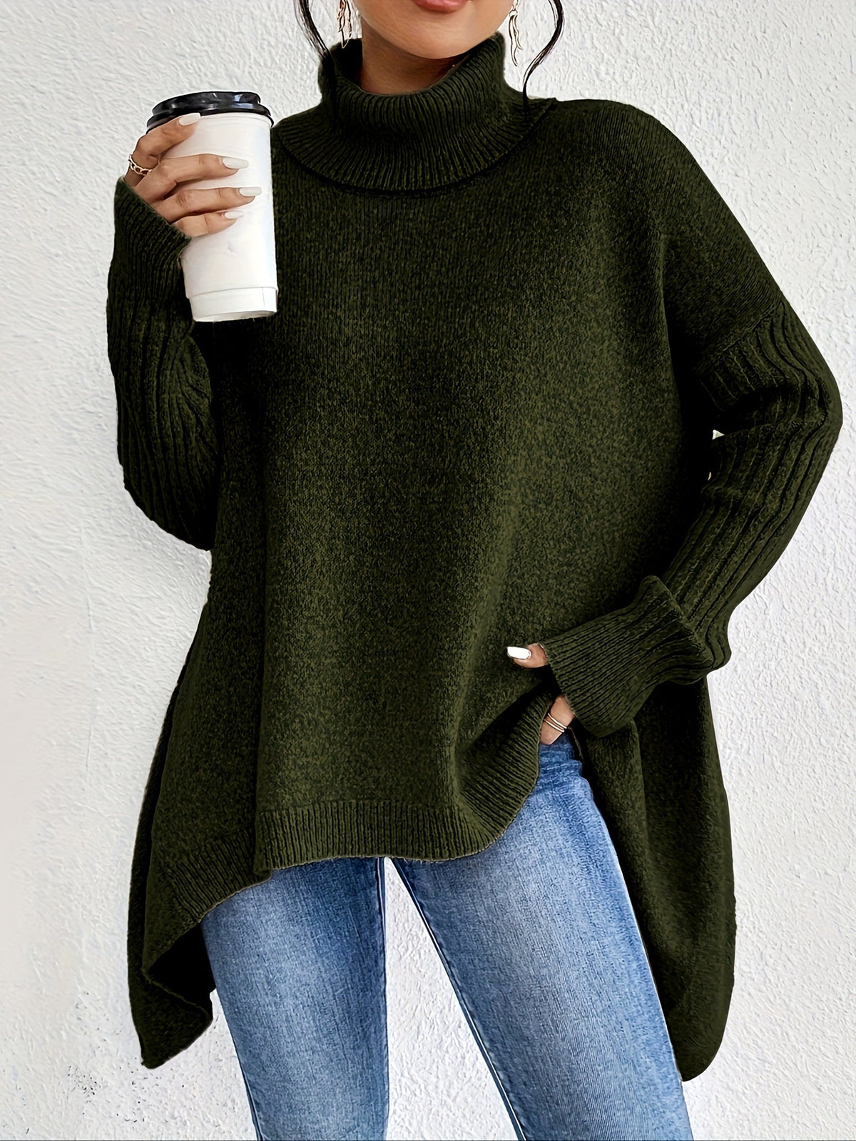 Women's Oversized Turtleneck Knit Sweater | Angled Asymmetric Hem, Ribbed Cuffs, Relaxed Slouchy Fit | 5 Colors