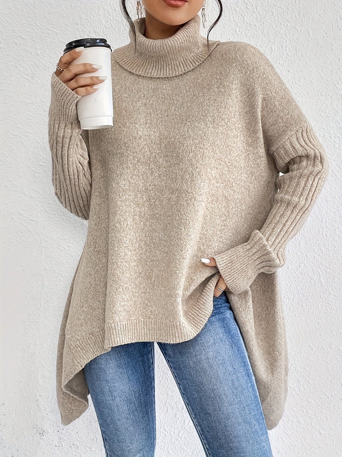Women's Oversized Turtleneck Knit Sweater | Angled Asymmetric Hem, Ribbed Cuffs, Relaxed Slouchy Fit | 5 Colors