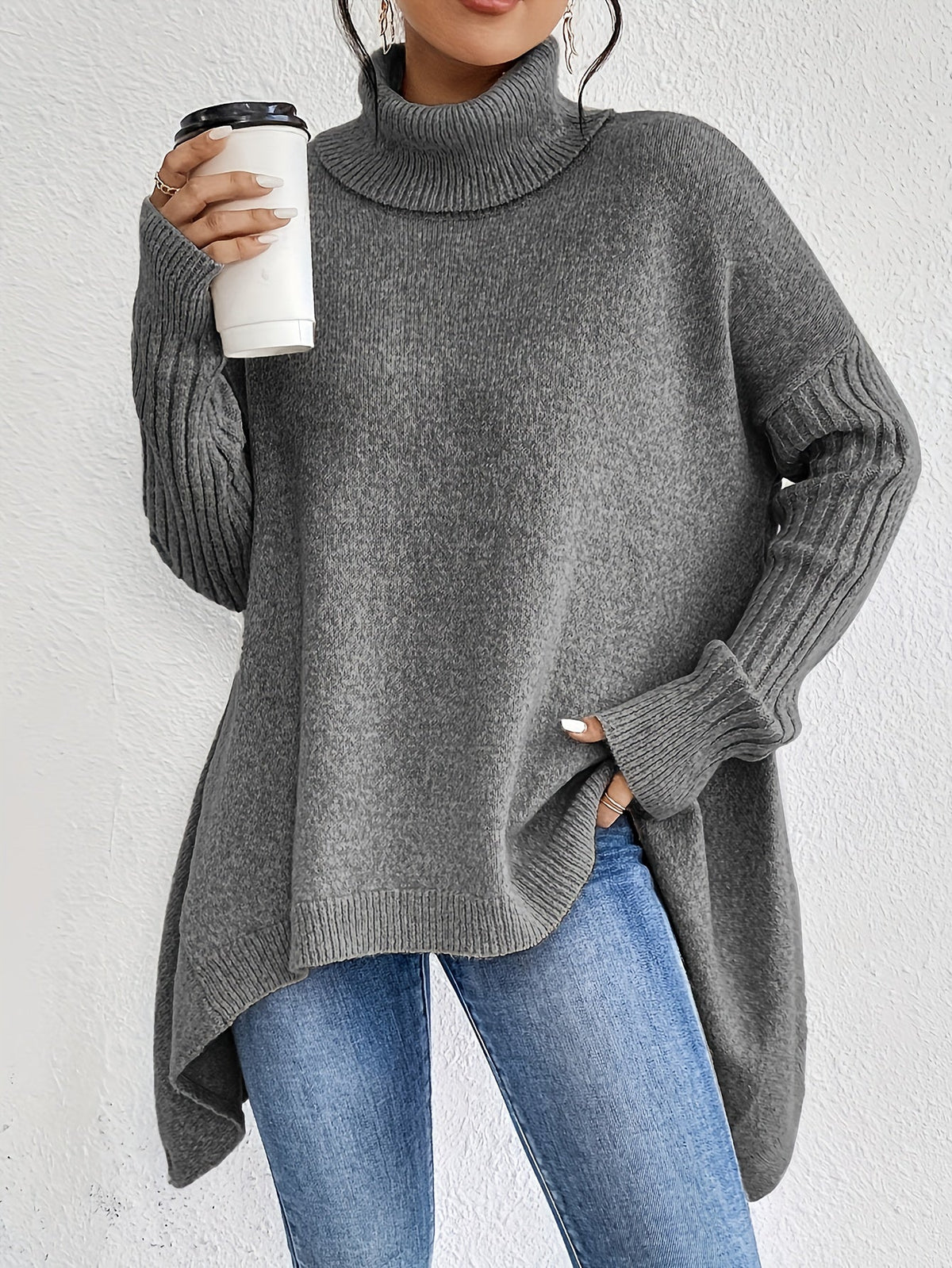 Women's Oversized Turtleneck Knit Sweater | Angled Asymmetric Hem, Ribbed Cuffs, Relaxed Slouchy Fit | 5 Colors