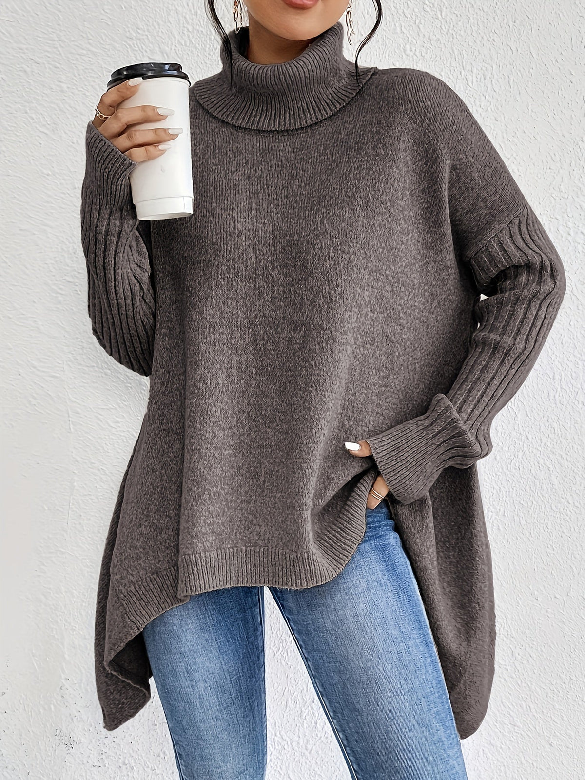 Women's Oversized Turtleneck Knit Sweater | Angled Asymmetric Hem, Ribbed Cuffs, Relaxed Slouchy Fit | 5 Colors