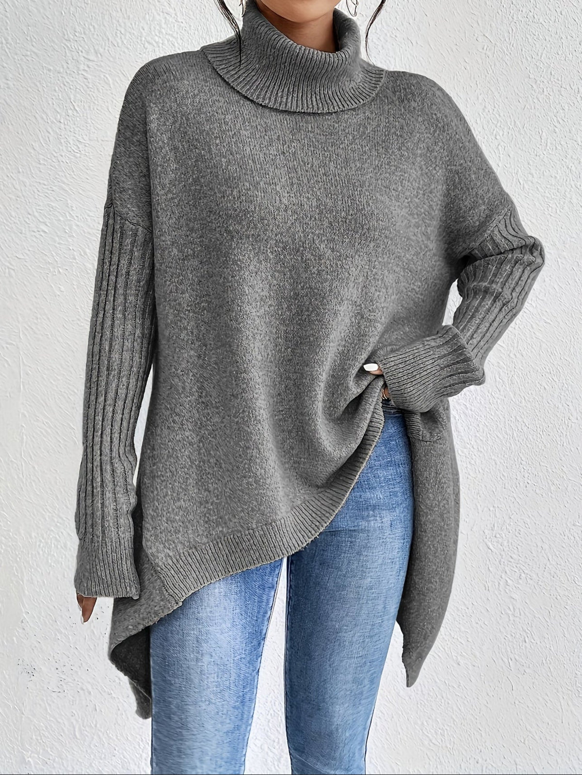 Women's Oversized Turtleneck Knit Sweater | Angled Asymmetric Hem, Ribbed Cuffs, Relaxed Slouchy Fit | 5 Colors