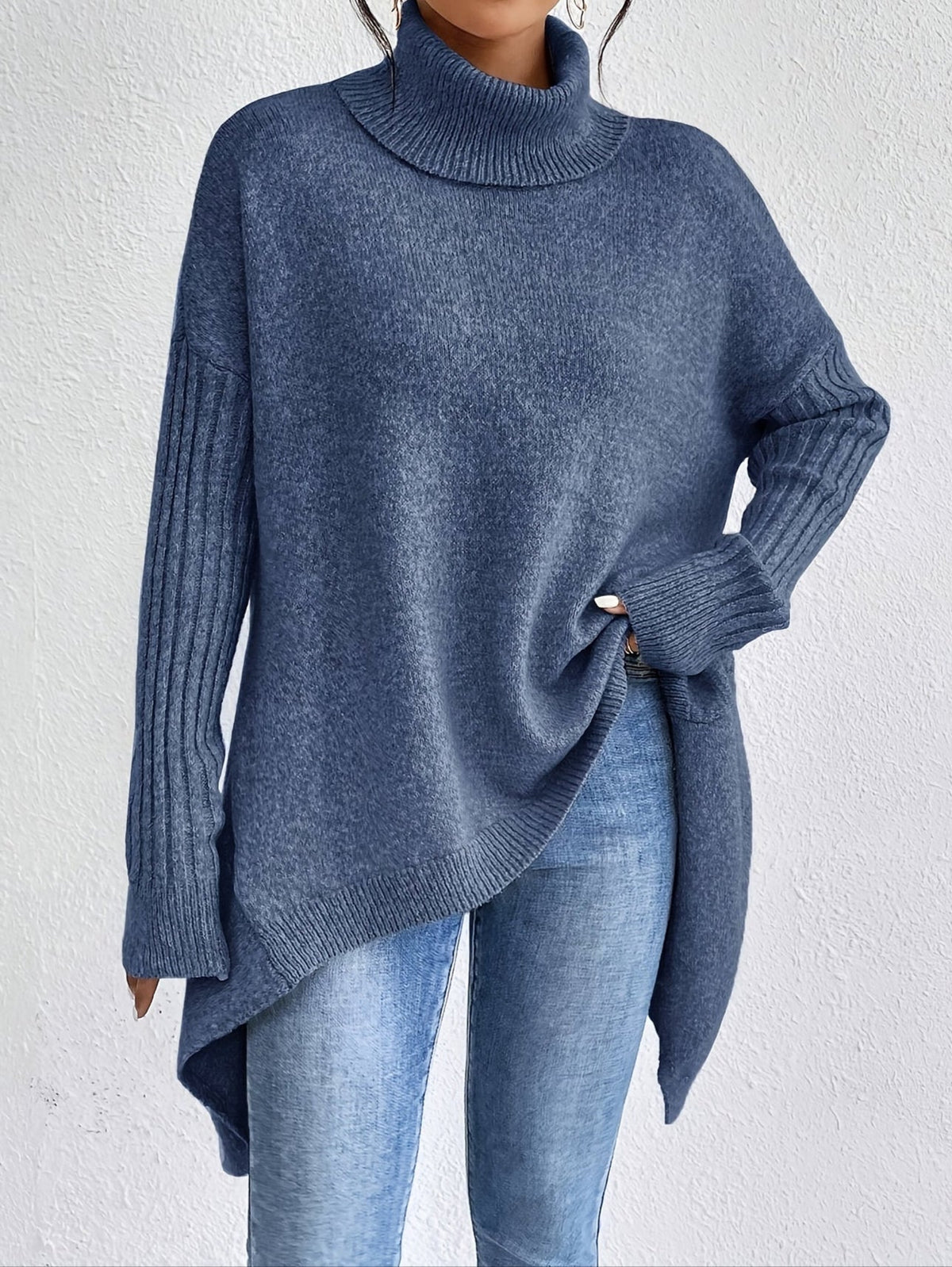 Women's Oversized Turtleneck Knit Sweater | Angled Asymmetric Hem, Ribbed Cuffs, Relaxed Slouchy Fit | 5 Colors