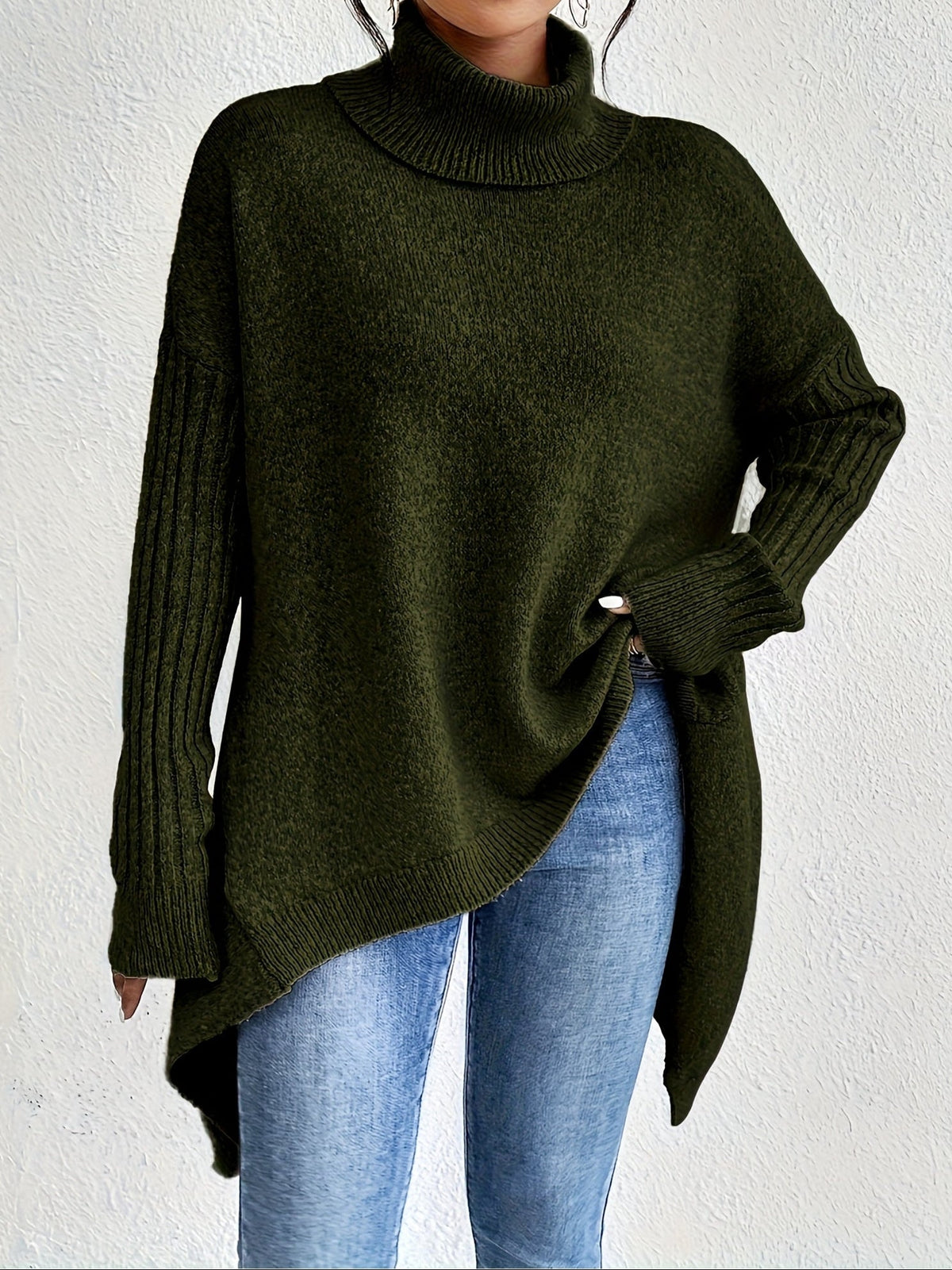 Women's Oversized Turtleneck Knit Sweater | Angled Asymmetric Hem, Ribbed Cuffs, Relaxed Slouchy Fit | 5 Colors