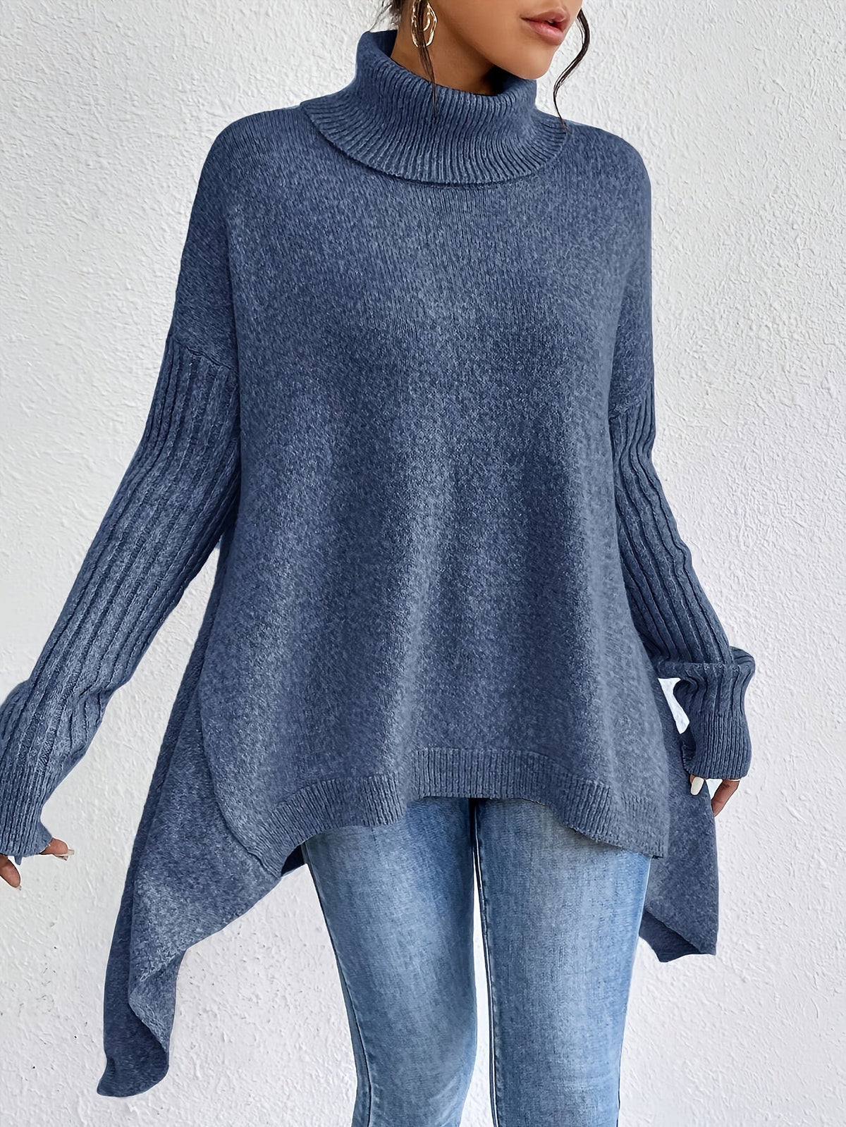 Women's Oversized Turtleneck Knit Sweater | Angled Asymmetric Hem, Ribbed Cuffs, Relaxed Slouchy Fit | 5 Colors