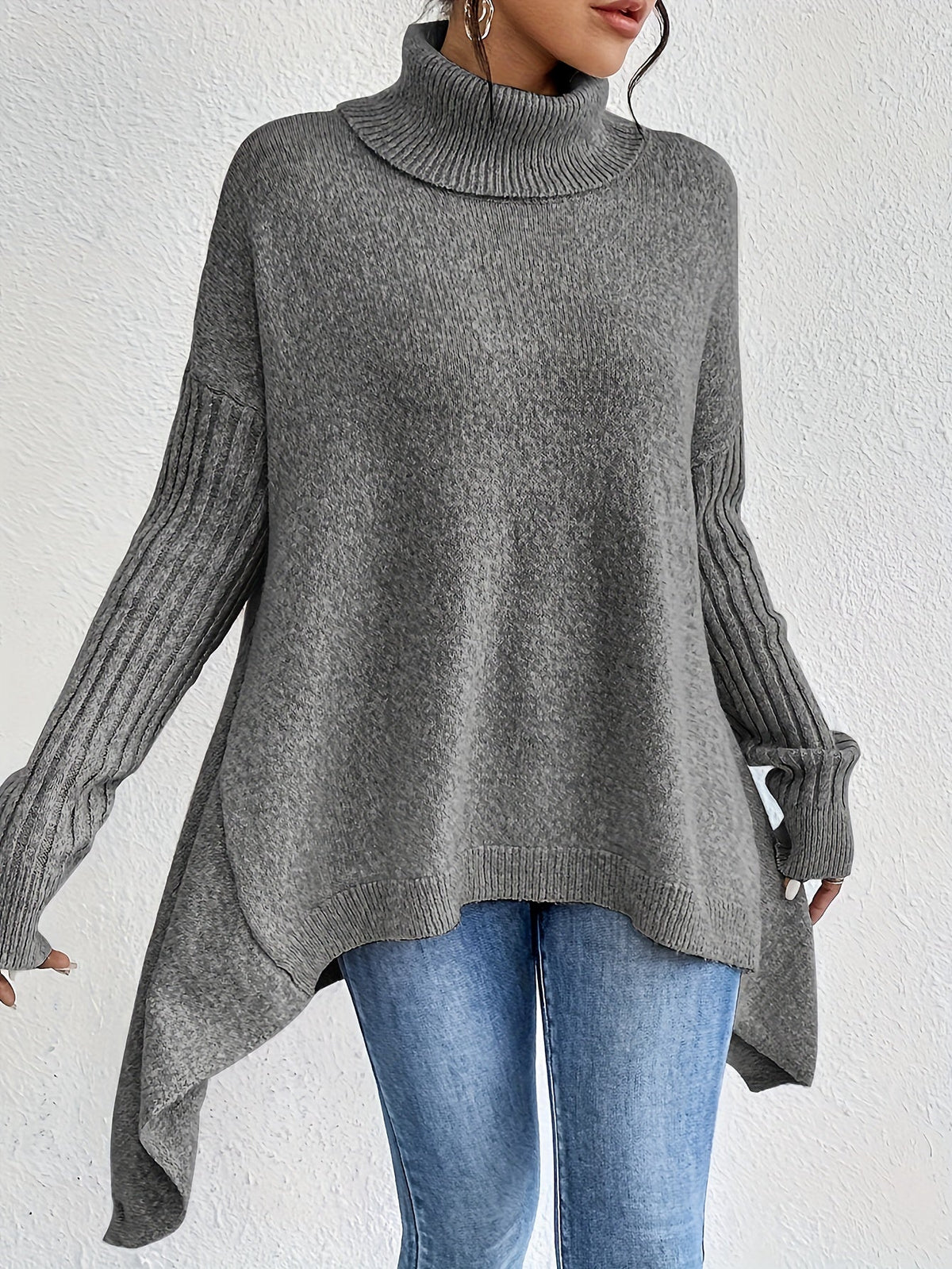 Women's Oversized Turtleneck Knit Sweater | Angled Asymmetric Hem, Ribbed Cuffs, Relaxed Slouchy Fit | 5 Colors