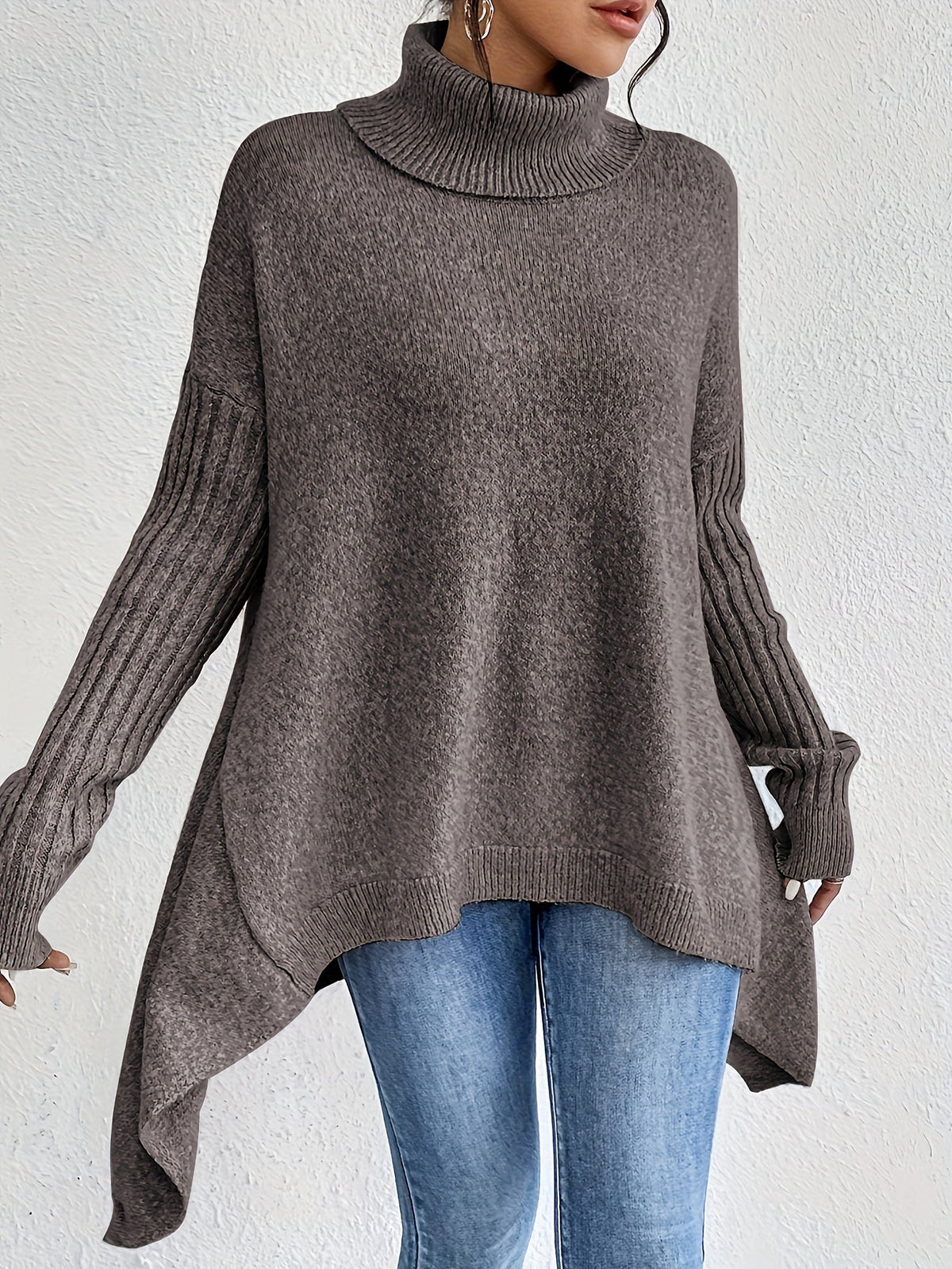 Women's Oversized Turtleneck Knit Sweater | Angled Asymmetric Hem, Ribbed Cuffs, Relaxed Slouchy Fit | 5 Colors
