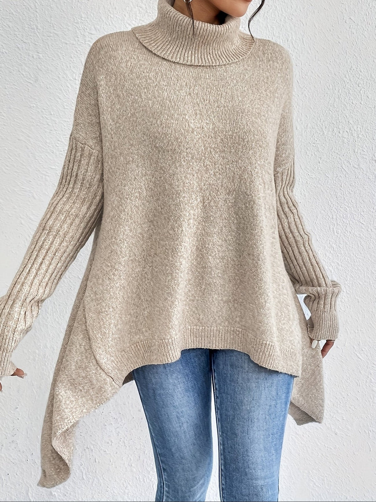 Women's Oversized Turtleneck Knit Sweater | Angled Asymmetric Hem, Ribbed Cuffs, Relaxed Slouchy Fit | 5 Colors