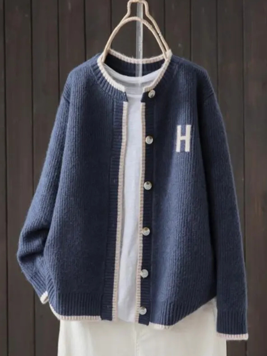 Women's Oversized Button-Front Cardigan | Chest Letter Patch, Contrast Trim, Ribbed Knit | Sizes S-3XL | 4 Colors