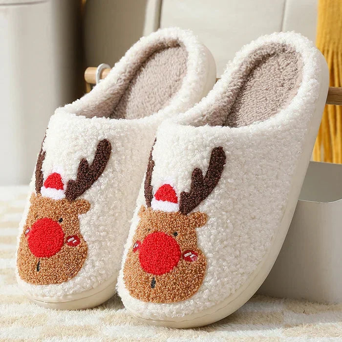 Women's Soft Slippers with a Reindeer Patch | Plush Closed Toe House Shoes on an Anti Slip TPV Sole | 2 Colors