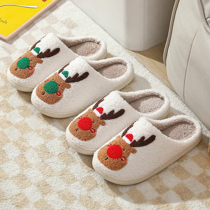 Women's Soft Slippers with a Reindeer Patch | Plush Closed Toe House Shoes on an Anti Slip TPV Sole | 2 Colors