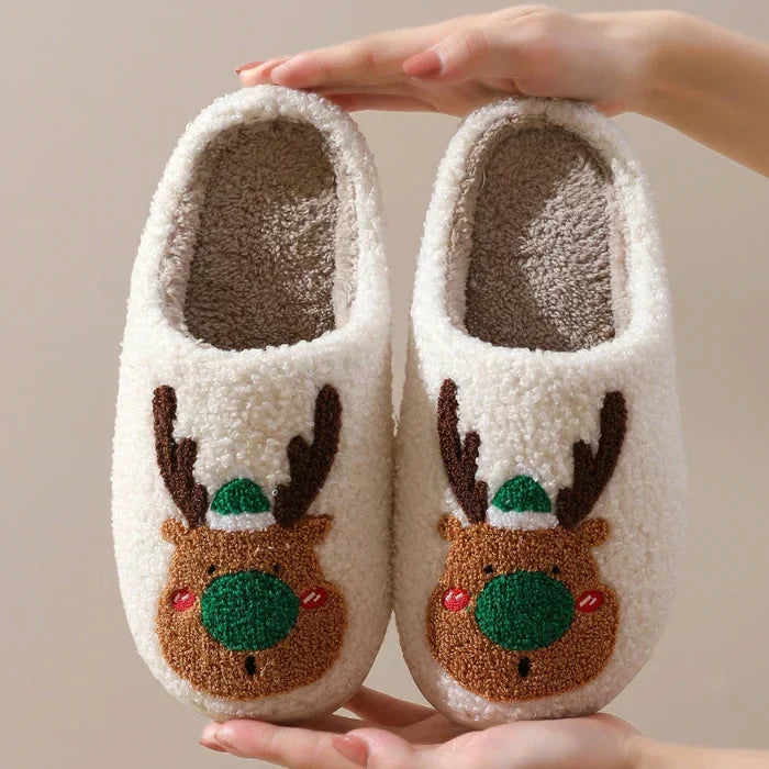 Women's Soft Slippers with a Reindeer Patch | Plush Closed Toe House Shoes on an Anti Slip TPV Sole | 2 Colors