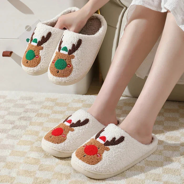 Women's Soft Slippers with a Reindeer Patch | Plush Closed Toe House Shoes on an Anti Slip TPV Sole | 2 Colors