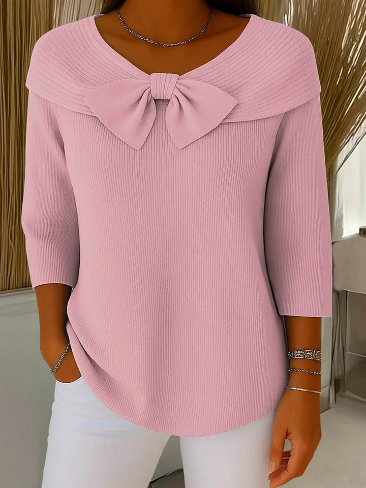 Women's Bow Detail Ribbed Knit Sweater | 3/4 Sleeves, Ribbed Construction, Relaxed Fit | Sizes S-5XL | 6 Colors