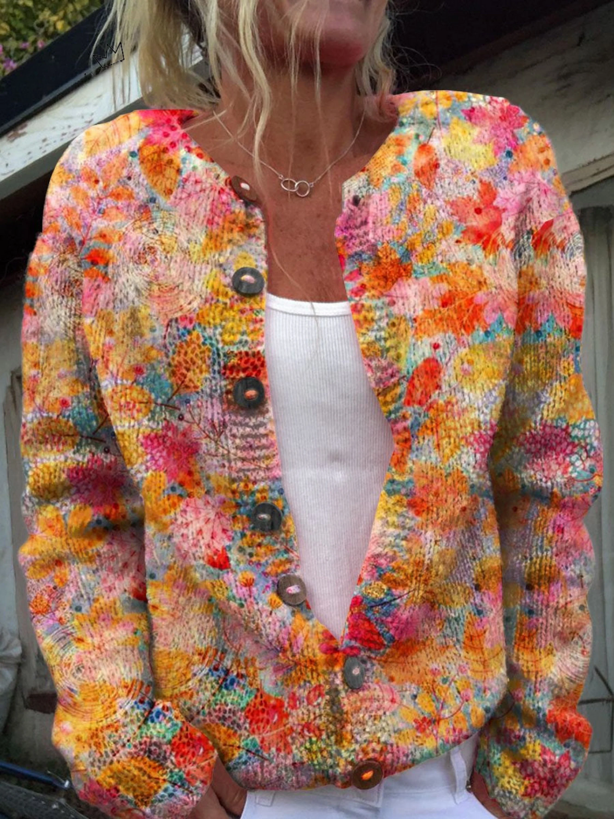 Women's Floral Print Open Front Cardigan | Watercolor Print, Dark Statement Buttons, Relaxed Drape | Sizes S-5XL