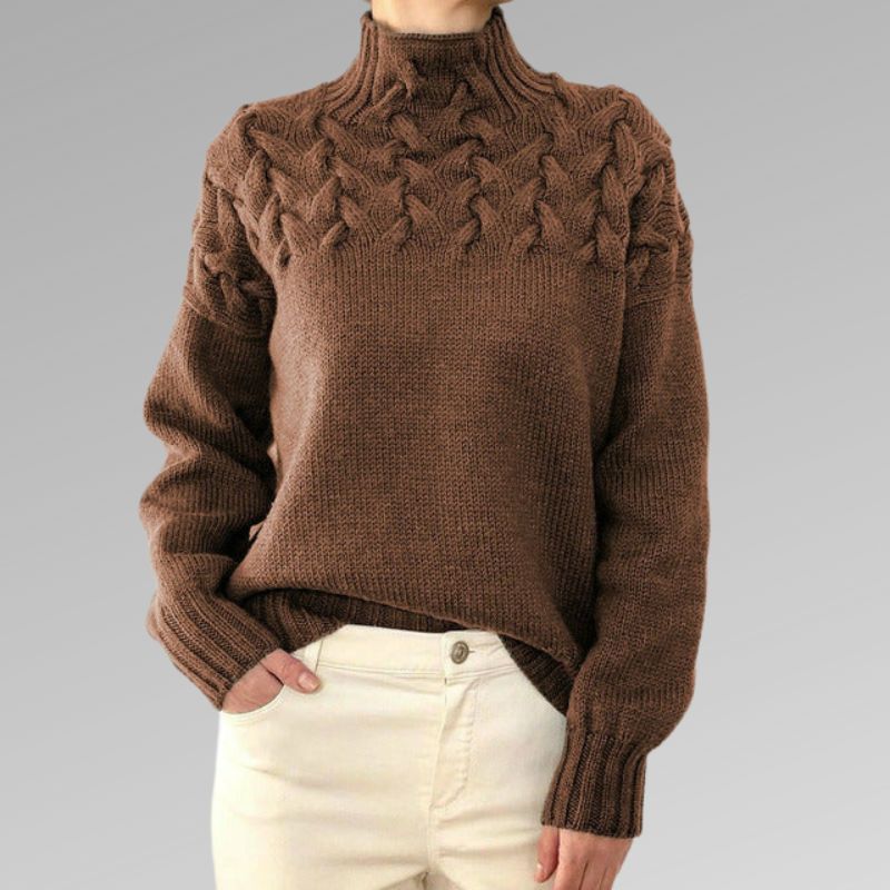 Women's Cable Knit Turtleneck Sweater | Bold Cable Yoke, High Ribbed Neck, Relaxed Fit | Sizes XS-3XL | 8 Colors