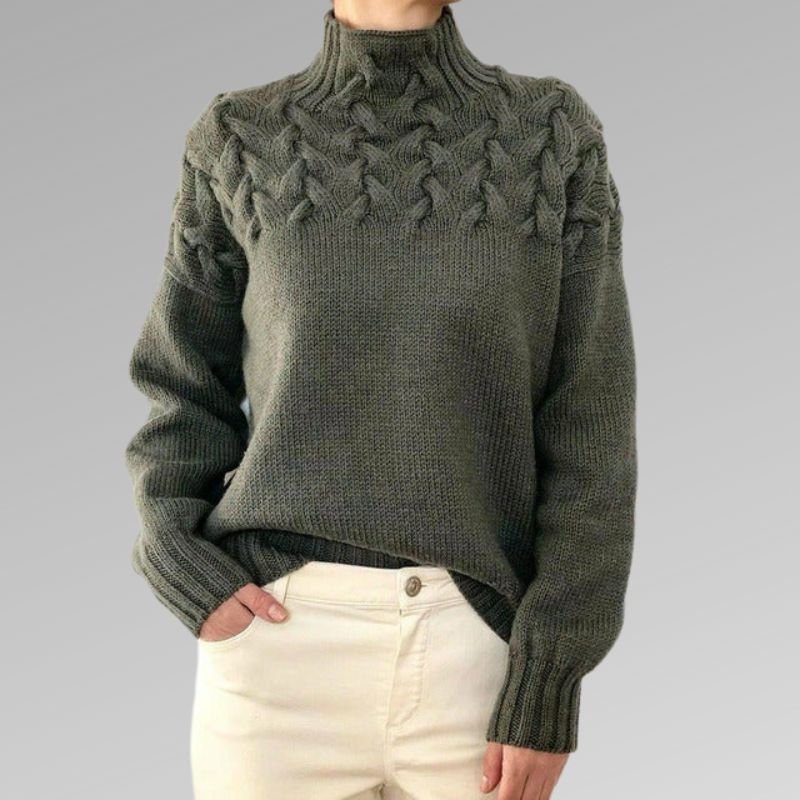 Women's Cable Knit Turtleneck Sweater | Bold Cable Yoke, High Ribbed Neck, Relaxed Fit | Sizes XS-3XL | 8 Colors