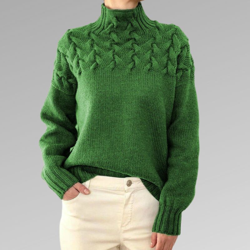 Women's Cable Knit Turtleneck Sweater | Bold Cable Yoke, High Ribbed Neck, Relaxed Fit | Sizes XS-3XL | 8 Colors