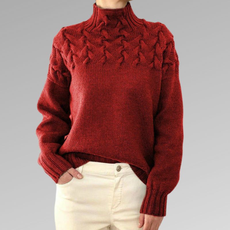 Women's Cable Knit Turtleneck Sweater | Bold Cable Yoke, High Ribbed Neck, Relaxed Fit | Sizes XS-3XL | 8 Colors