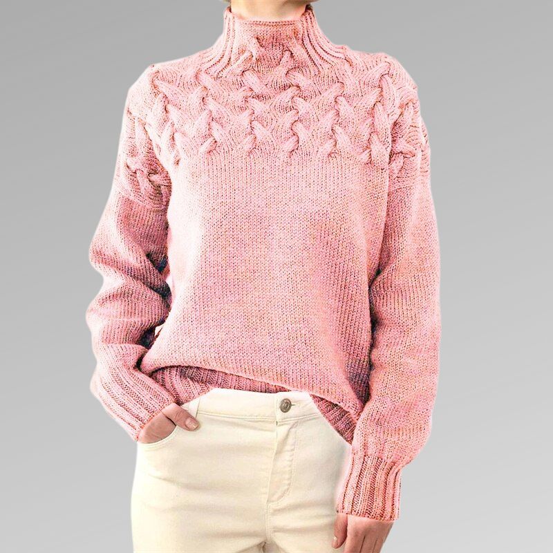 Women's Cable Knit Turtleneck Sweater | Bold Cable Yoke, High Ribbed Neck, Relaxed Fit | Sizes XS-3XL | 8 Colors