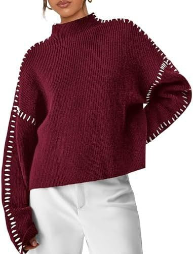 Women's Oversized Mock Neck Sweater | Contrast Whipstitch Trim, Ribbed Knit, Oversized Fit | Sizes S-2XL | 4 Colors
