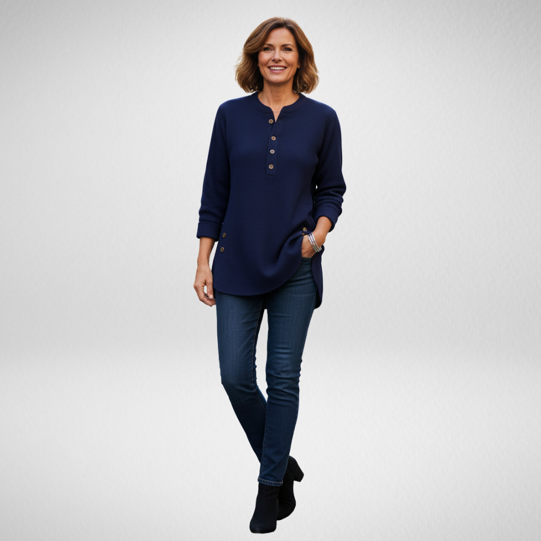 Women's Henley Tunic Sweater | Button Placket, Curved Hem with Side Vents, Relaxed Fit | Sizes XS-3XL | 6 Colors