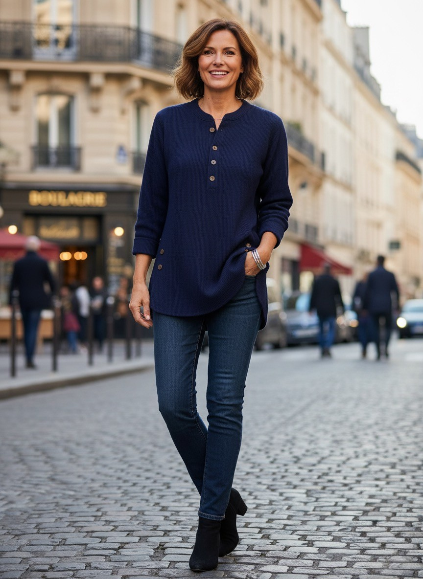 Women's Henley Tunic Sweater | Button Placket, Curved Hem with Side Vents, Relaxed Fit | Sizes XS-3XL | 6 Colors