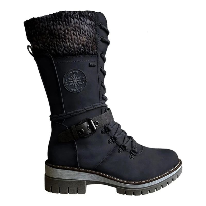 Women's Lace-Up Mid-Calf Winter Boots | Chunky Knit Cuff, Side Zip Entry, Lug Grip Sole | US 5.5-12 | 6 Colors