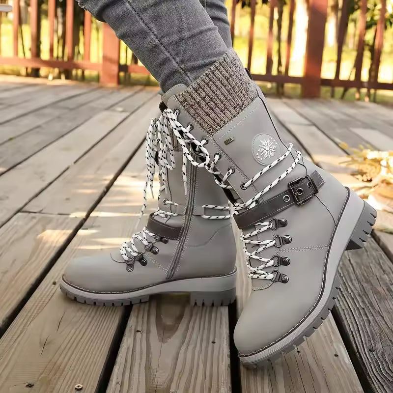 Women's Lace-Up Mid-Calf Winter Boots | Chunky Knit Cuff, Side Zip Entry, Lug Grip Sole | US 5.5-12 | 6 Colors