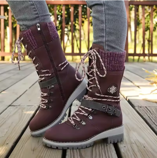 Women's Lace-Up Mid-Calf Winter Boots | Chunky Knit Cuff, Side Zip Entry, Lug Grip Sole | US 5.5-12 | 6 Colors