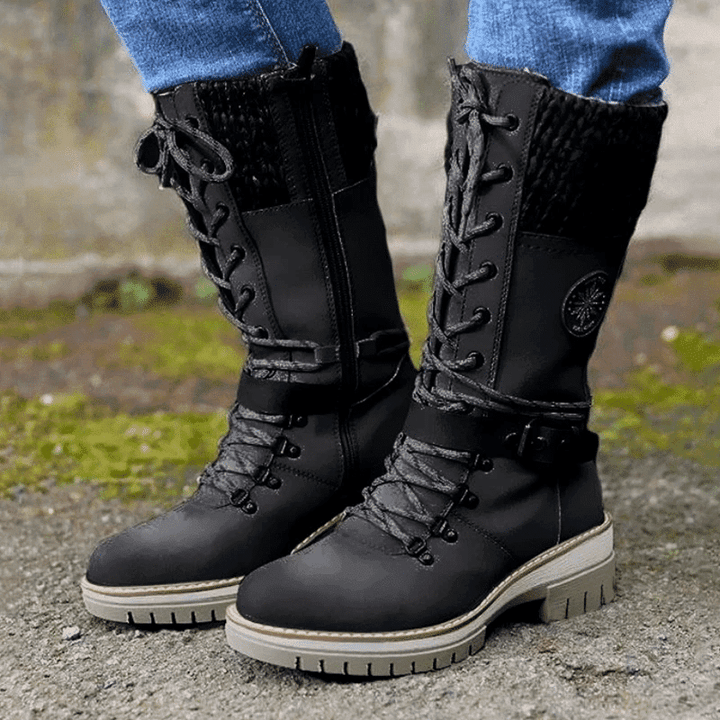 Women's Lace-Up Mid-Calf Winter Boots | Chunky Knit Cuff, Side Zip Entry, Lug Grip Sole | US 5.5-12 | 6 Colors