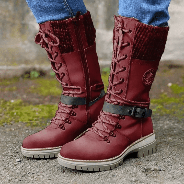 Women's Lace-Up Mid-Calf Winter Boots | Chunky Knit Cuff, Side Zip Entry, Lug Grip Sole | US 5.5-12 | 6 Colors