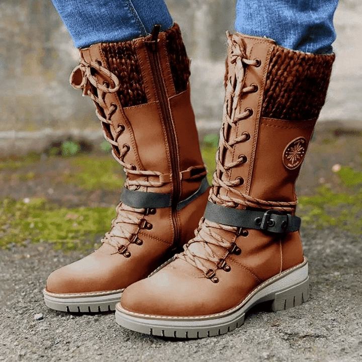 Women's Lace-Up Mid-Calf Winter Boots | Chunky Knit Cuff, Side Zip Entry, Lug Grip Sole | US 5.5-12 | 6 Colors