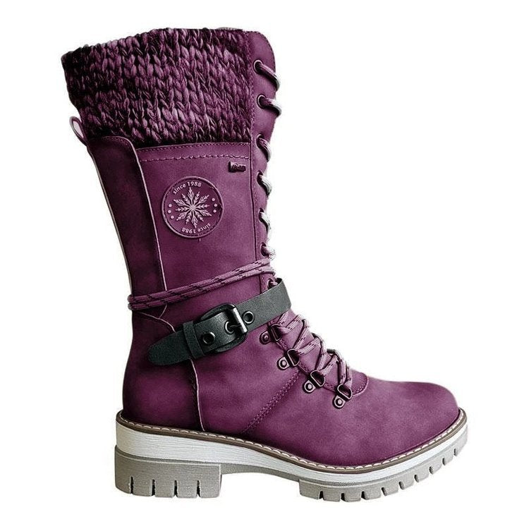 Women's Lace-Up Mid-Calf Winter Boots | Chunky Knit Cuff, Side Zip Entry, Lug Grip Sole | US 5.5-12 | 6 Colors