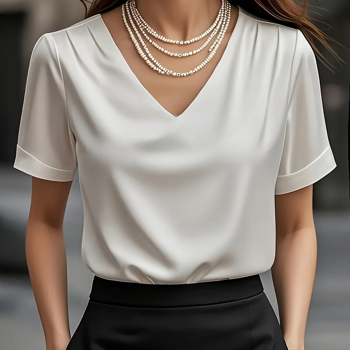 Women's Satin Blouse with V Neck and Short Sleeves | Relaxed Drape, Smooth Seams | Sizes XS to 3XL, 4 Colors