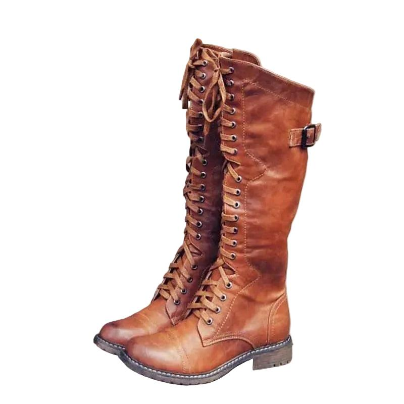 Women's Brown Knee High Boots with Full Front Lacing | Buckle Strap, Round Toe, Flat Sole | Sizes 5.5-10