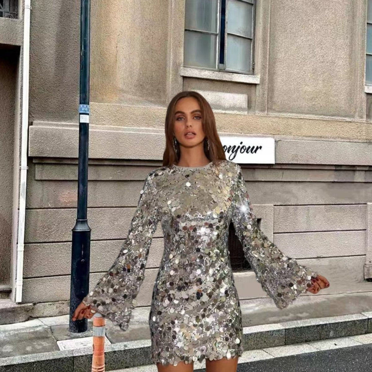 Women's Sequin Mini Dress with Trumpet Sleeves | Fitted Round Neck Cocktail Look | Sizes S to 2XL, Silver