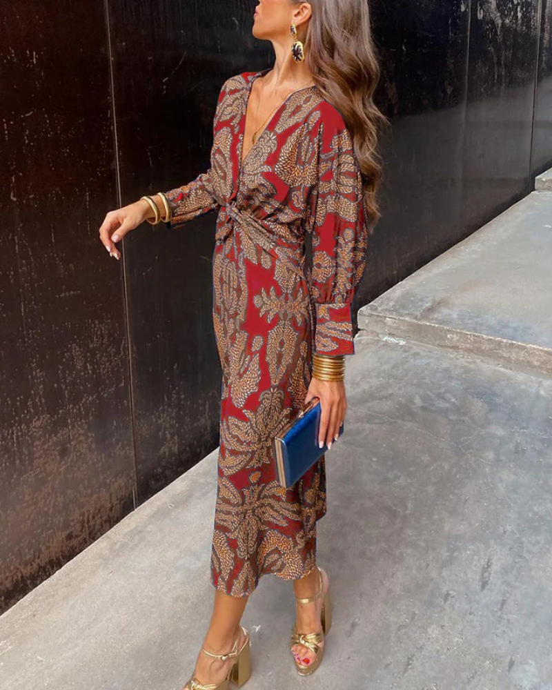 Women's Long Sleeve Evening Maxi Dress | Draped Patterned Fabric for Formal Dinners | Size S-3XL, 4 Colors