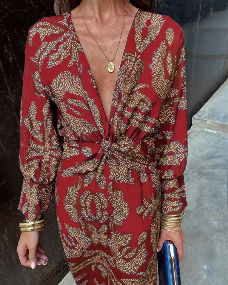 Women's Long Sleeve Evening Maxi Dress | Draped Patterned Fabric for Formal Dinners | Size S-3XL, 4 Colors