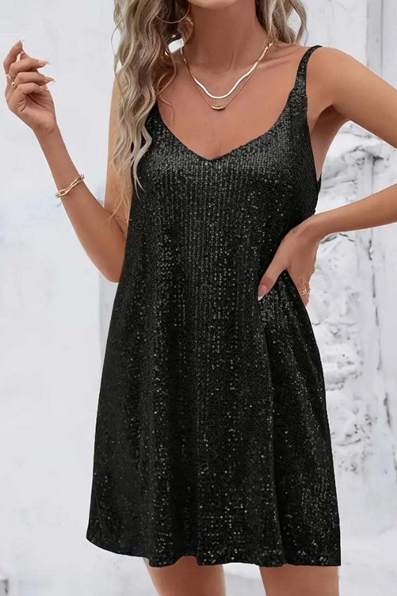 Women's Sleeveless Sequin Mini Dress | V Neck Cocktail Look with Flared Skirt | Sizes S to 2XL, Multiple Colors