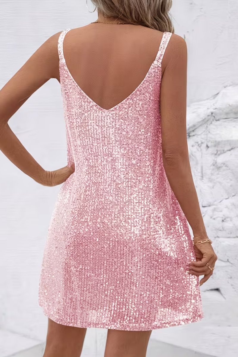 Women's Sleeveless Sequin Mini Dress | V Neck Cocktail Look with Flared Skirt | Sizes S to 2XL, Multiple Colors
