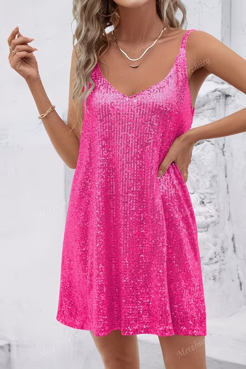 Women's Sleeveless Sequin Mini Dress | V Neck Cocktail Look with Flared Skirt | Sizes S to 2XL, Multiple Colors